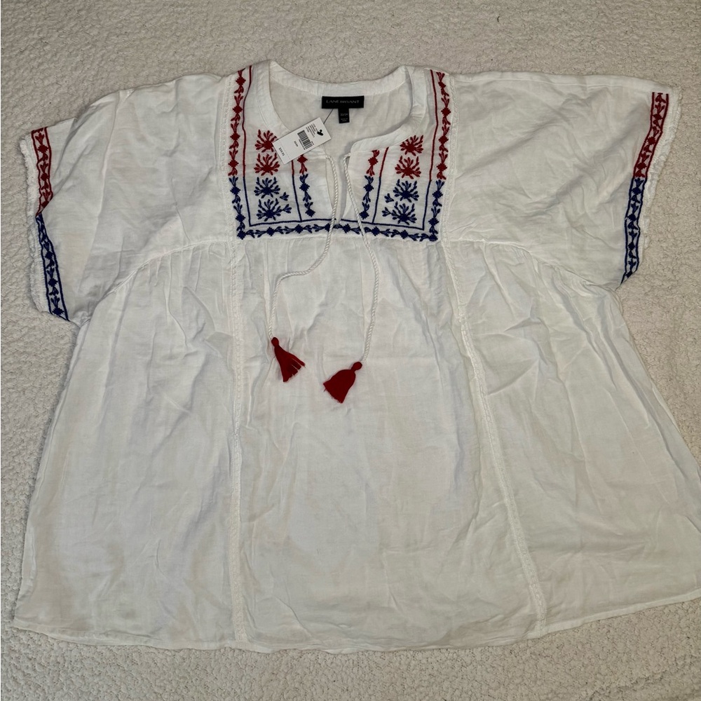 Lane Bryant White Top with Red and Blue Embroidery